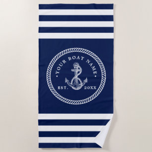 Nautical Anchor & Rope Boat Name Navy Blue & White Beach Towel