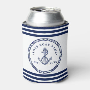 Nautical Anchor & Rope Boat Name Navy Blue & White Can Cooler