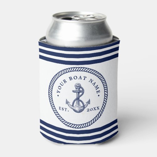 Nautical Anchor  Rope Boat Name Navy Blue  White Can Cooler