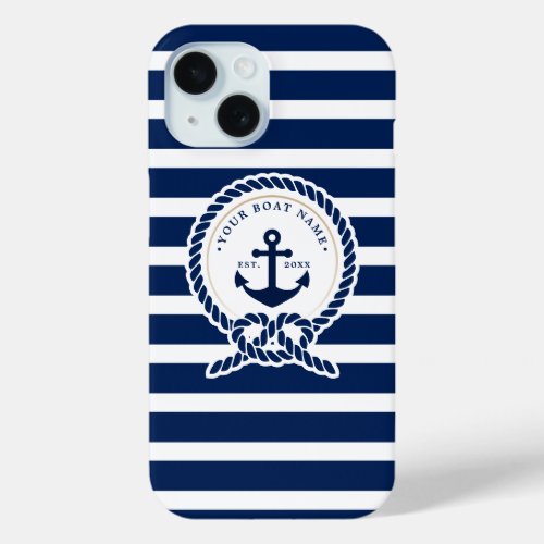 Nautical Anchor  Rope Boat Name Navy Blue  White iPhone 15 Case
