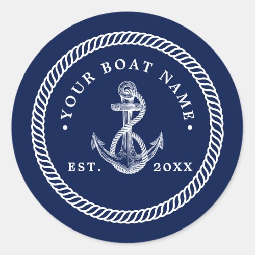 Nautical Anchor  Rope Boat Name Navy Blue  White Classic Round Sticker