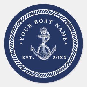 Nautical Anchor & Rope Boat Name Navy Blue & White Classic Round Sticker