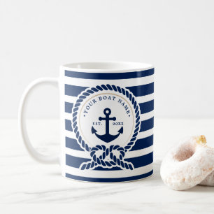 Nautical Anchor & Rope Boat Name Navy Blue & White Coffee Mug