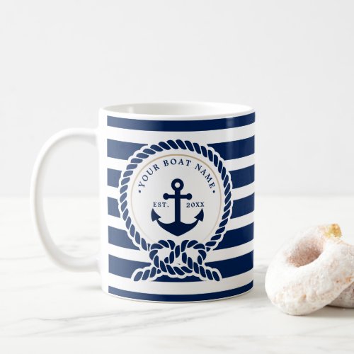 Nautical Anchor  Rope Boat Name Navy Blue  White Coffee Mug