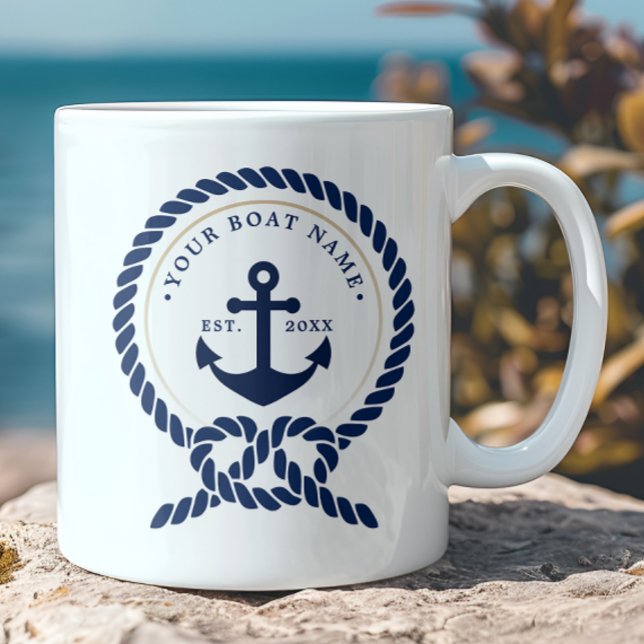 Nautical Anchor & Rope Boat Name Navy Blue & White Coffee Mug (Creator Uploaded)