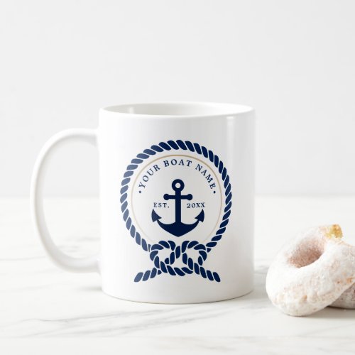 Nautical Anchor  Rope Boat Name Navy Blue  White Coffee Mug