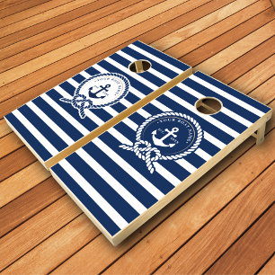 Nautical Anchor & Rope Boat Name Navy Blue & White Cornhole Set