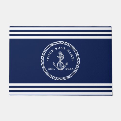 Nautical Anchor  Rope Boat Name Navy Blue  White Doormat