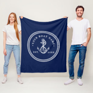 Nautical Anchor & Rope Boat Name Navy Blue & White Fleece Blanket
