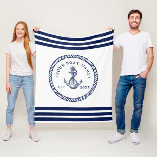 Nautical Anchor & Rope Boat Name Navy Blue & White Fleece Blanket