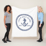 Nautical Anchor &amp; Rope Boat Name Navy Blue &amp; White Fleece Blanket