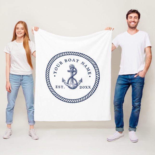 Nautical Anchor & Rope Boat Name Navy Blue & White Fleece Blanket (In Situ)