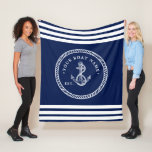 Nautical Anchor &amp; Rope Boat Name Navy Blue &amp; White Fleece Blanket