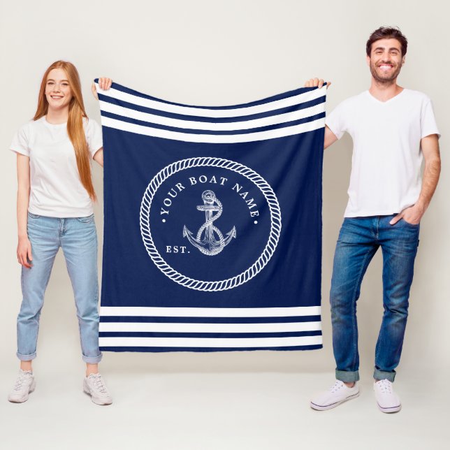 Nautical Anchor & Rope Boat Name Navy Blue & White Fleece Blanket (In Situ)