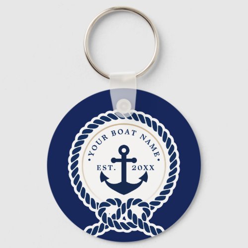 Nautical Anchor  Rope Boat Name Navy Blue  White Keychain