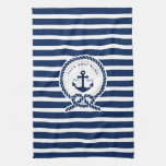 Nautical Anchor &amp; Rope Boat Name Navy Blue &amp; White Kitchen Towel