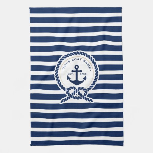 Nautical Anchor  Rope Boat Name Navy Blue  White Kitchen Towel