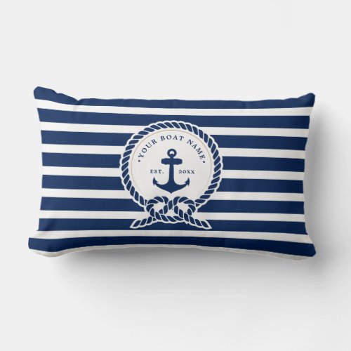 Nautical Anchor  Rope Boat Name Navy Blue  White Lumbar Pillow