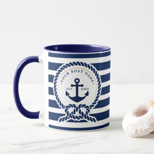 Nautical Anchor  Rope Boat Name Navy Blue  White Mug