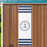 Nautical Anchor &amp; Rope Boat Name Navy Blue &amp; White Outdoor Rug