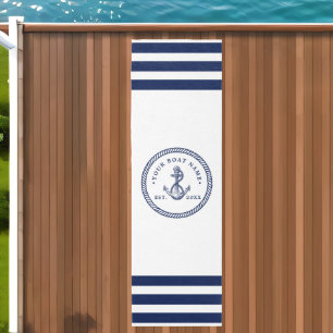 Nautical Anchor & Rope Boat Name Navy Blue & White Outdoor Rug