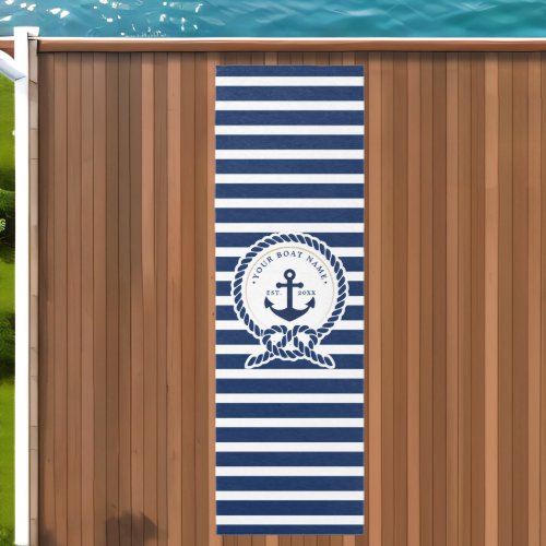 Nautical Anchor  Rope Boat Name Navy Blue  White Outdoor Rug