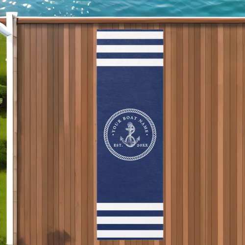 Nautical Anchor  Rope Boat Name Navy Blue  White Outdoor Rug
