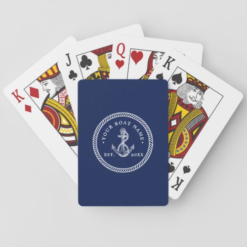 Nautical Anchor  Rope Boat Name Navy Blue  White Playing Cards