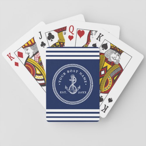 Nautical Anchor  Rope Boat Name Navy Blue  White Playing Cards
