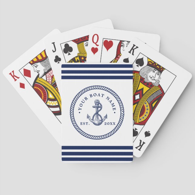Nautical Anchor & Rope Boat Name Navy Blue & White Poker Cards (Back)