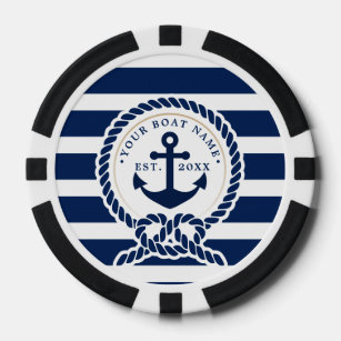 Nautical Anchor & Rope Boat Name Navy Blue & White Poker Chips