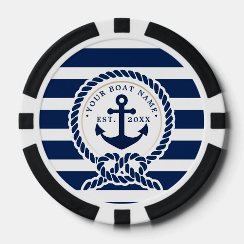 Nautical Anchor  Rope Boat Name Navy Blue  White Poker Chips