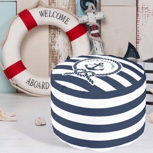 Nautical Anchor  Rope Boat Name Navy Blue  White Pouf