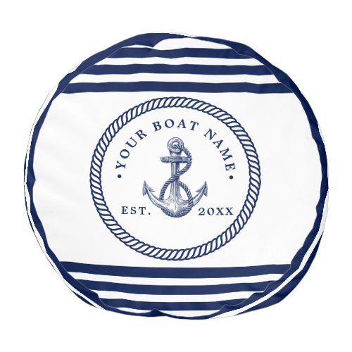 Nautical Anchor  Rope Boat Name Navy Blue  White Pouf