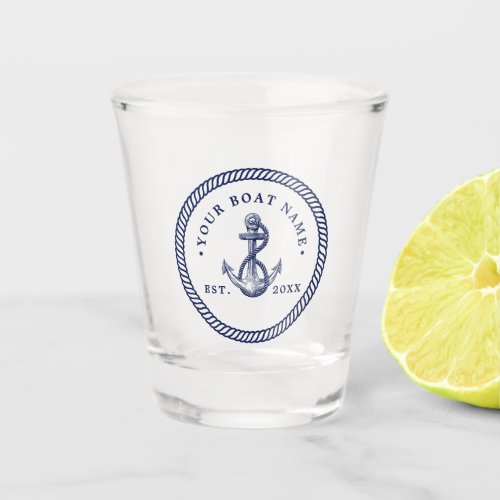 Nautical Anchor  Rope Boat Name Navy Blue  White Shot Glass