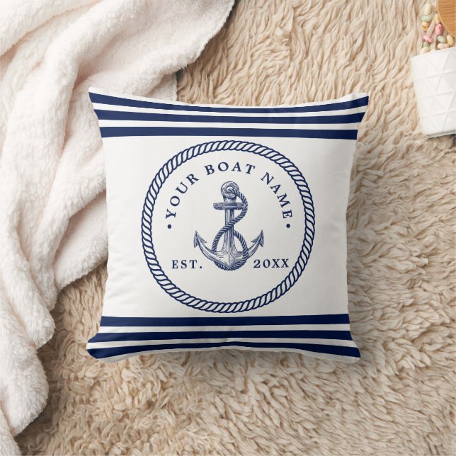 Nautical Anchor & Rope Boat Name Navy Blue & White Throw Pillow (Blanket)