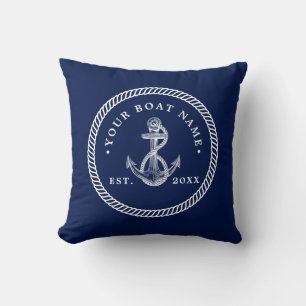 Nautical Anchor & Rope Boat Name Navy Blue & White Throw Pillow