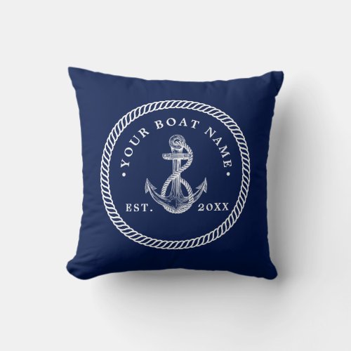 Nautical Anchor  Rope Boat Name Navy Blue  White Throw Pillow
