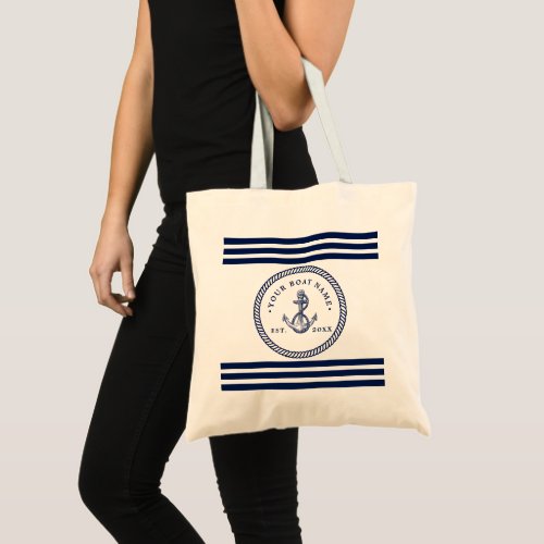 Nautical Anchor  Rope Boat Name Navy Blue  White Tote Bag