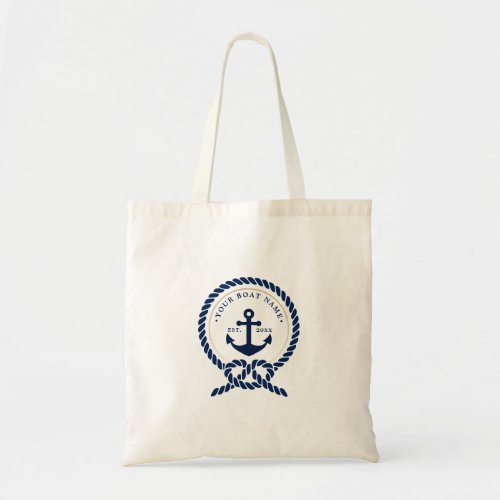 Nautical Anchor  Rope Boat Name Navy Blue  White Tote Bag