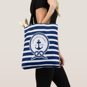 Nautical Anchor & Rope Boat Name Navy Blue & White Tote Bag