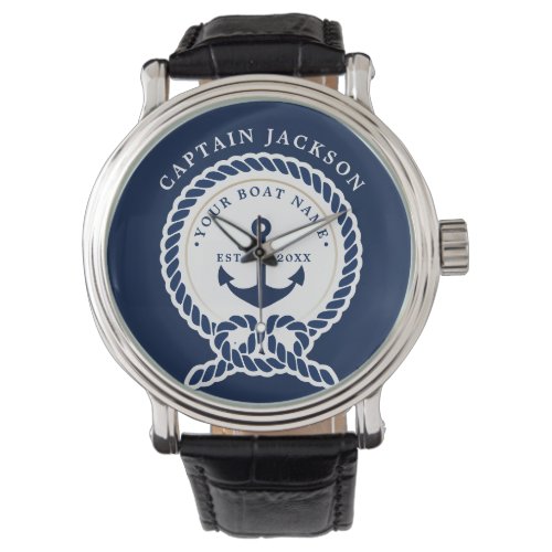 Nautical Anchor  Rope Boat Name Navy Blue  White Watch