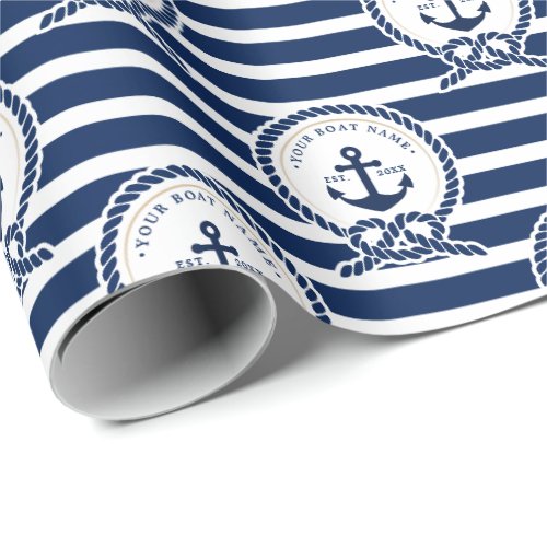 Nautical Anchor  Rope Boat Name Navy Blue  White Wrapping Paper