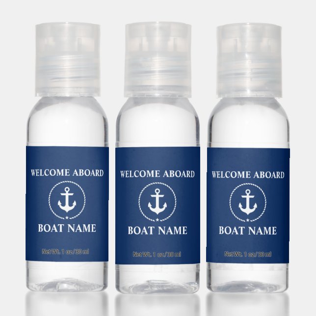 Nautical Anchor Rope Boat Name Welcome Aboard Blue Hand Sanitizer (Set)