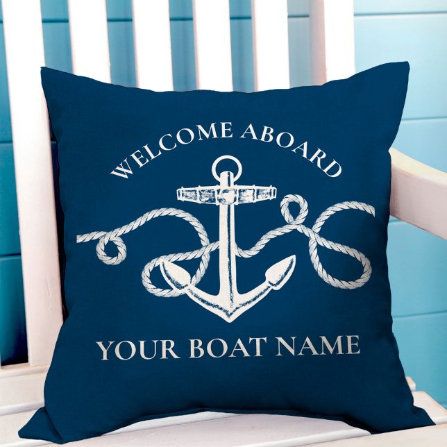 Nautical Anchor Rope Boat Name Welcome Outdoor Pillow (Creator Uploaded)