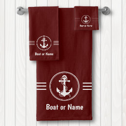 Nautical Anchor Rope Boat or Your Name Deep Red Bath Towel Set