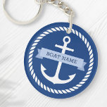 Nautical anchor rope border boat name keys keychain<br><div class="desc">Acrylic keychain for your boat keys featuring a white nautical anchor surrounded by a rope border on a dark blue background. Across the anchor is a light blue ribbon with a template field for your boat's name.</div>