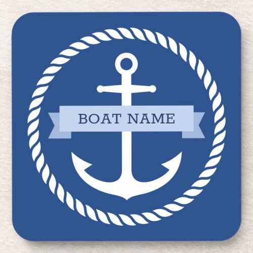 Nautical anchor rope border boat name on banner beverage coaster