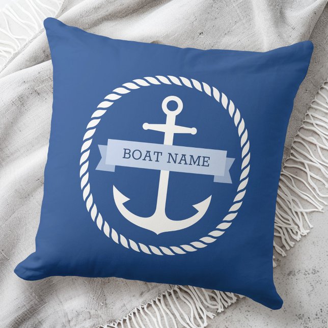 Nautical anchor rope border boat name on banner throw pillow (Nautical anchor rope border boat name on banner throw pillow)