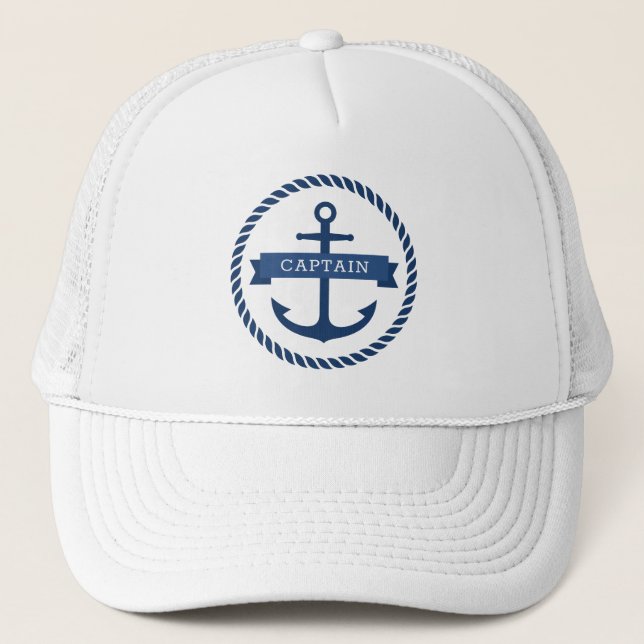 Nautical anchor rope border captain on banner trucker hat (Front)